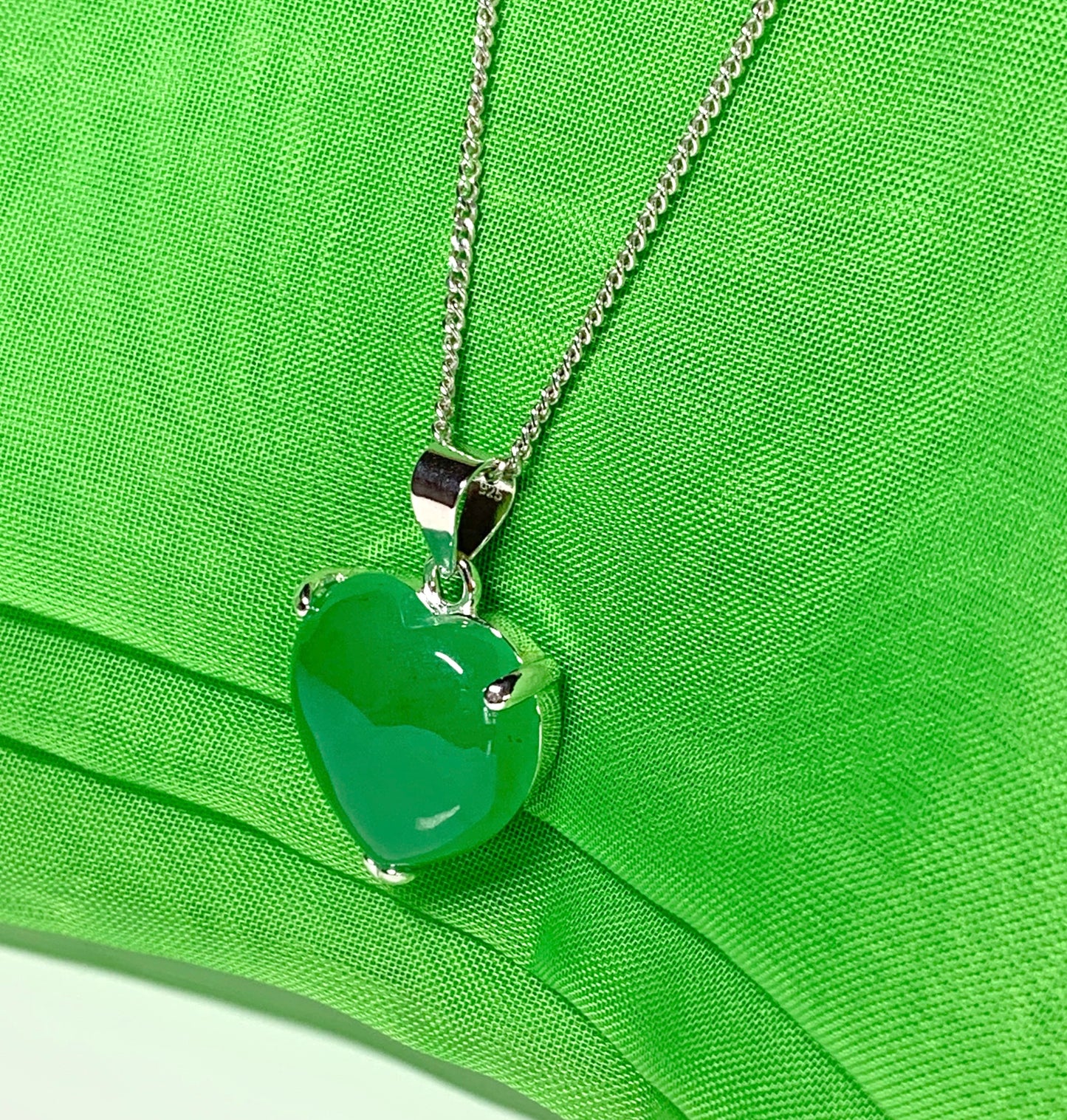 Real green jade necklace heart shape sterling silver