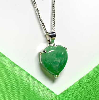 Real green jade necklace heart shape sterling silver