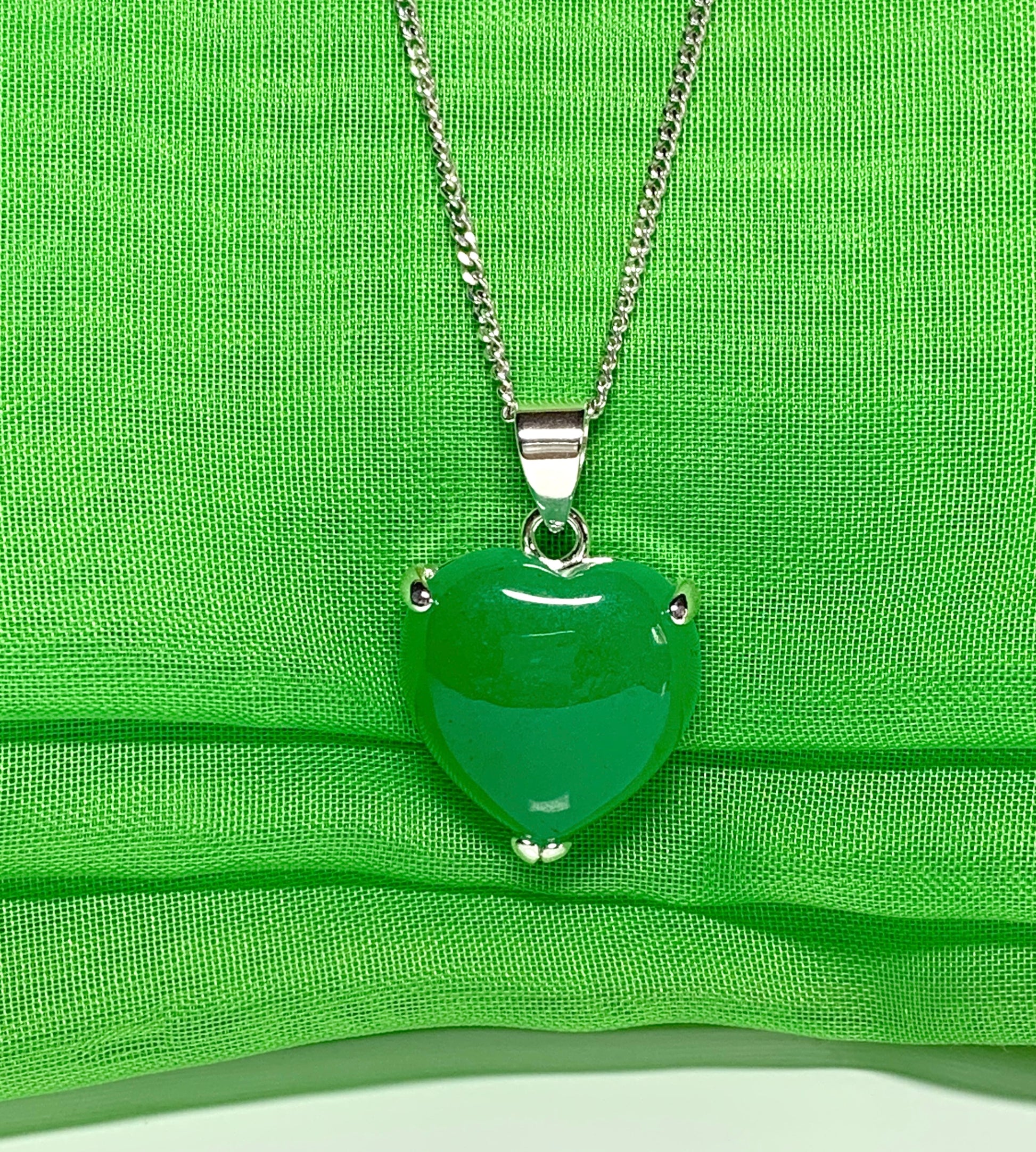 Real green jade necklace heart shape sterling silver