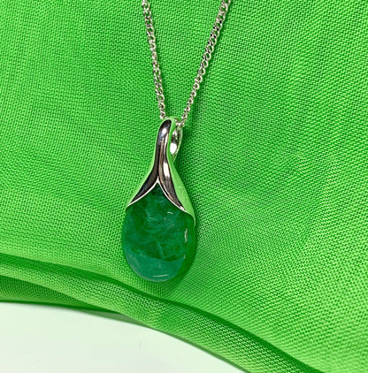 Real green jade necklace in a pear shaped sterling silver pendant