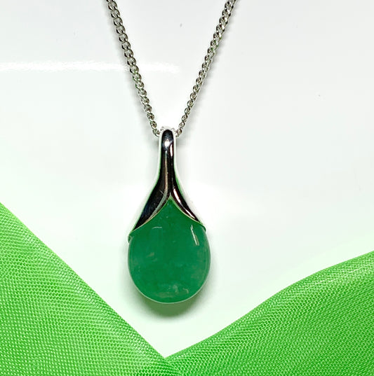 Real green jade necklace in a pear shaped sterling silver teardrop shape