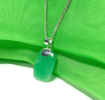 Real green jade necklace cushion shaped stone sterling silver