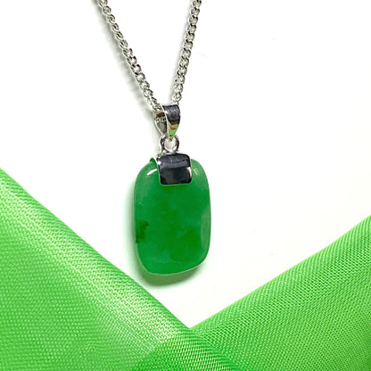 Real green jade necklace cushion shaped stone sterling silver including chain