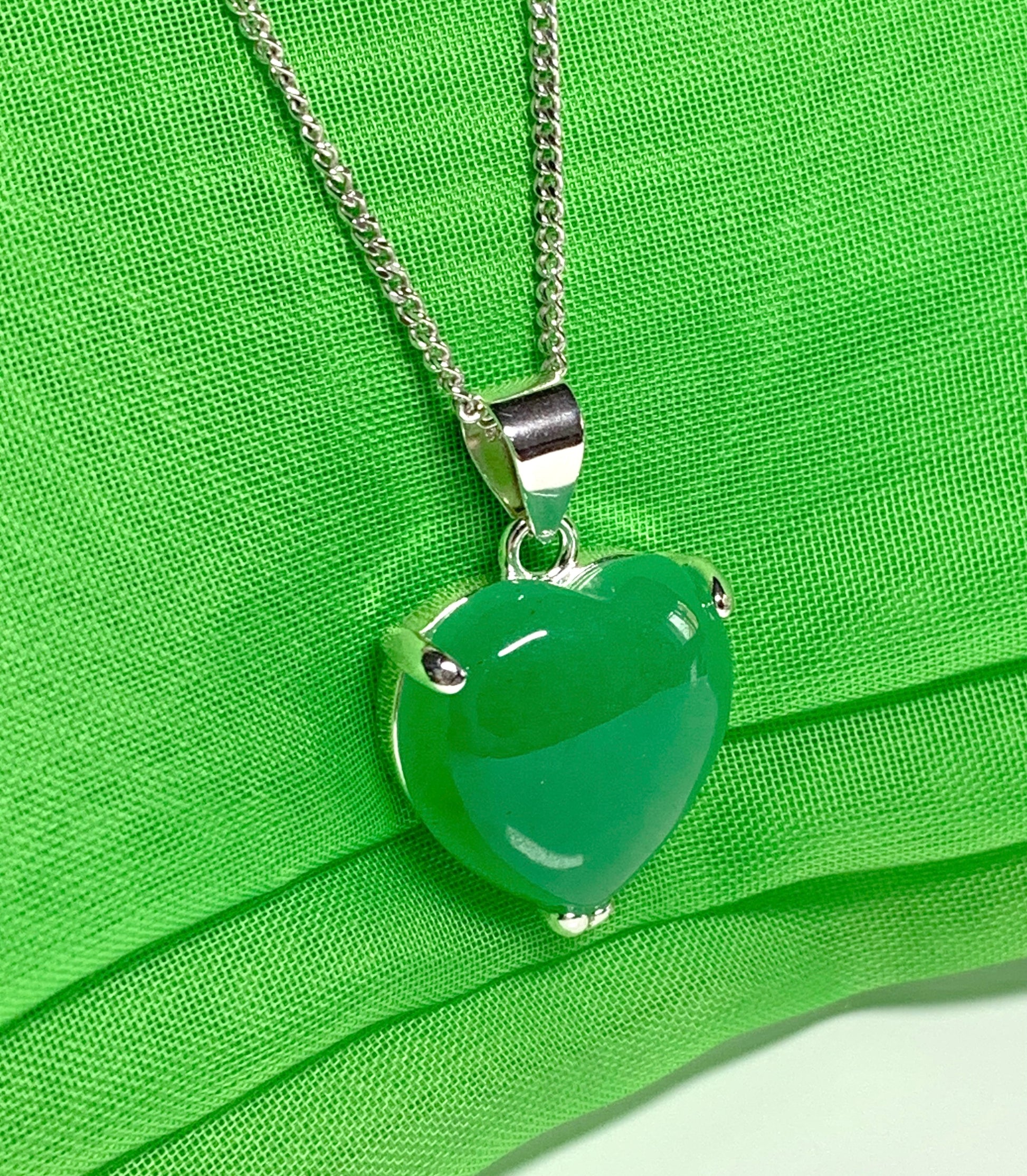 Real green jade necklace heart shape sterling silver