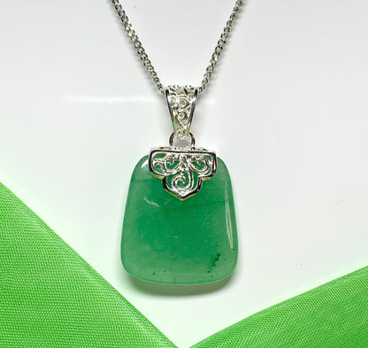 Real green jade necklace sterling silver large cushion shaped including chain