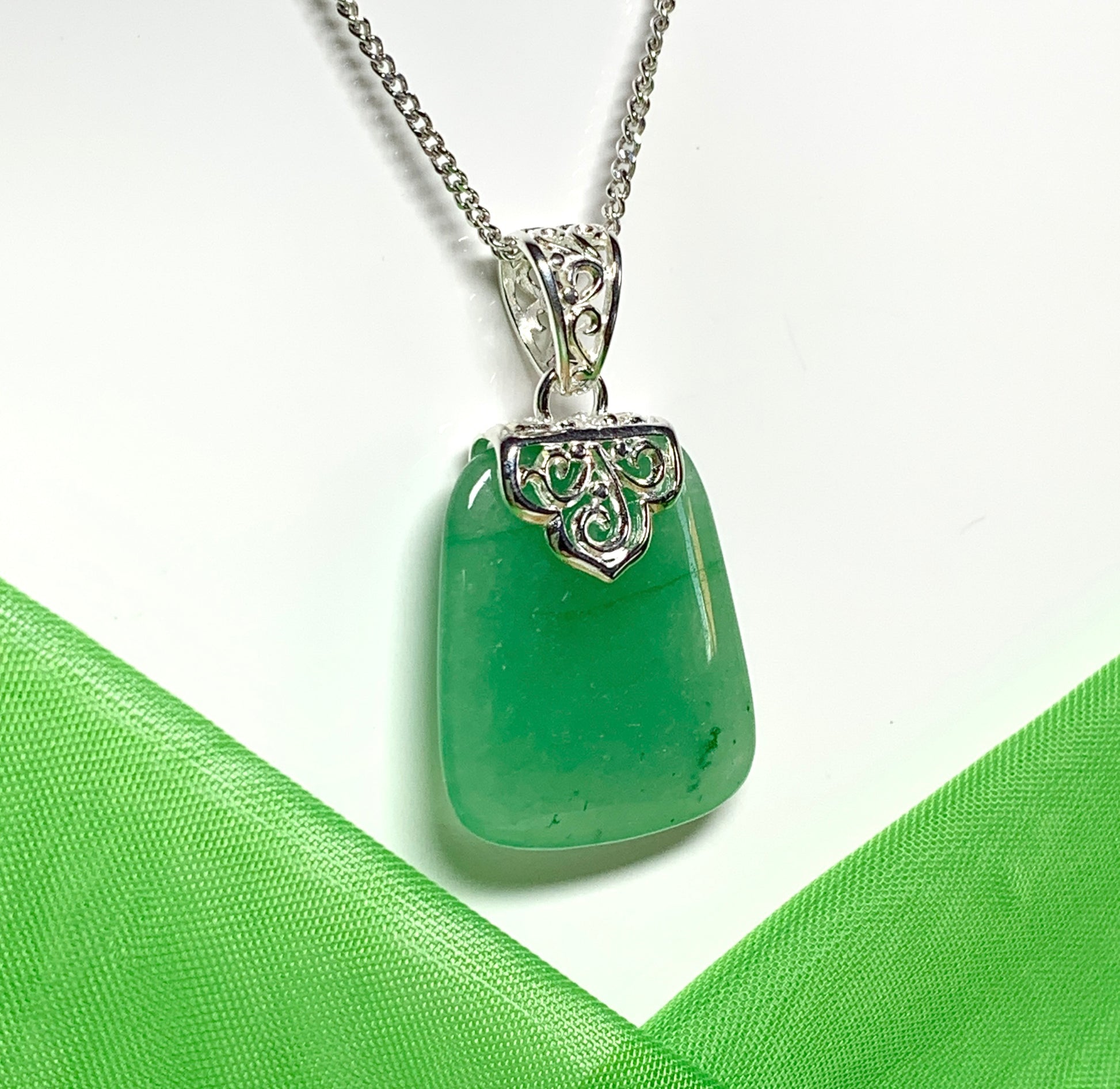 Real green jade necklace sterling silver large cushion shaped including chain