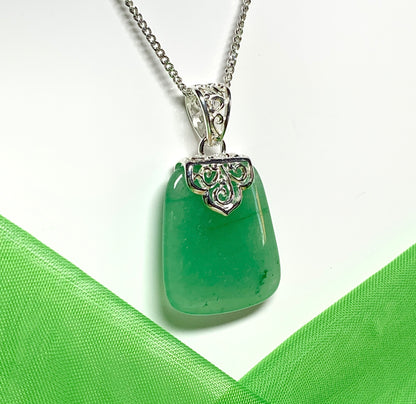 Real green jade necklace sterling silver large cushion shaped including chain