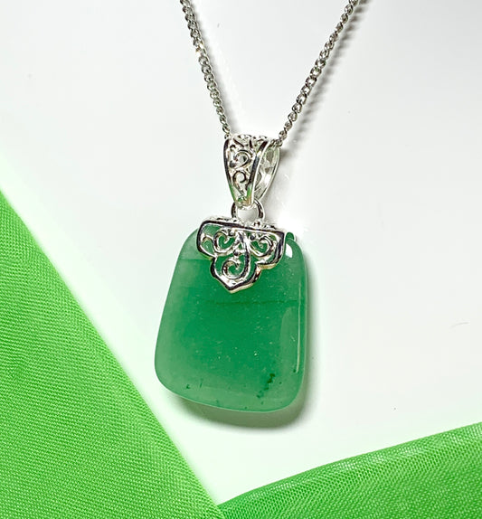 Real green jade necklace sterling silver large cushion shaped including chain