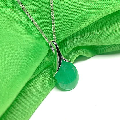 Real green jade necklace tear drop shaped pendant sterling silver