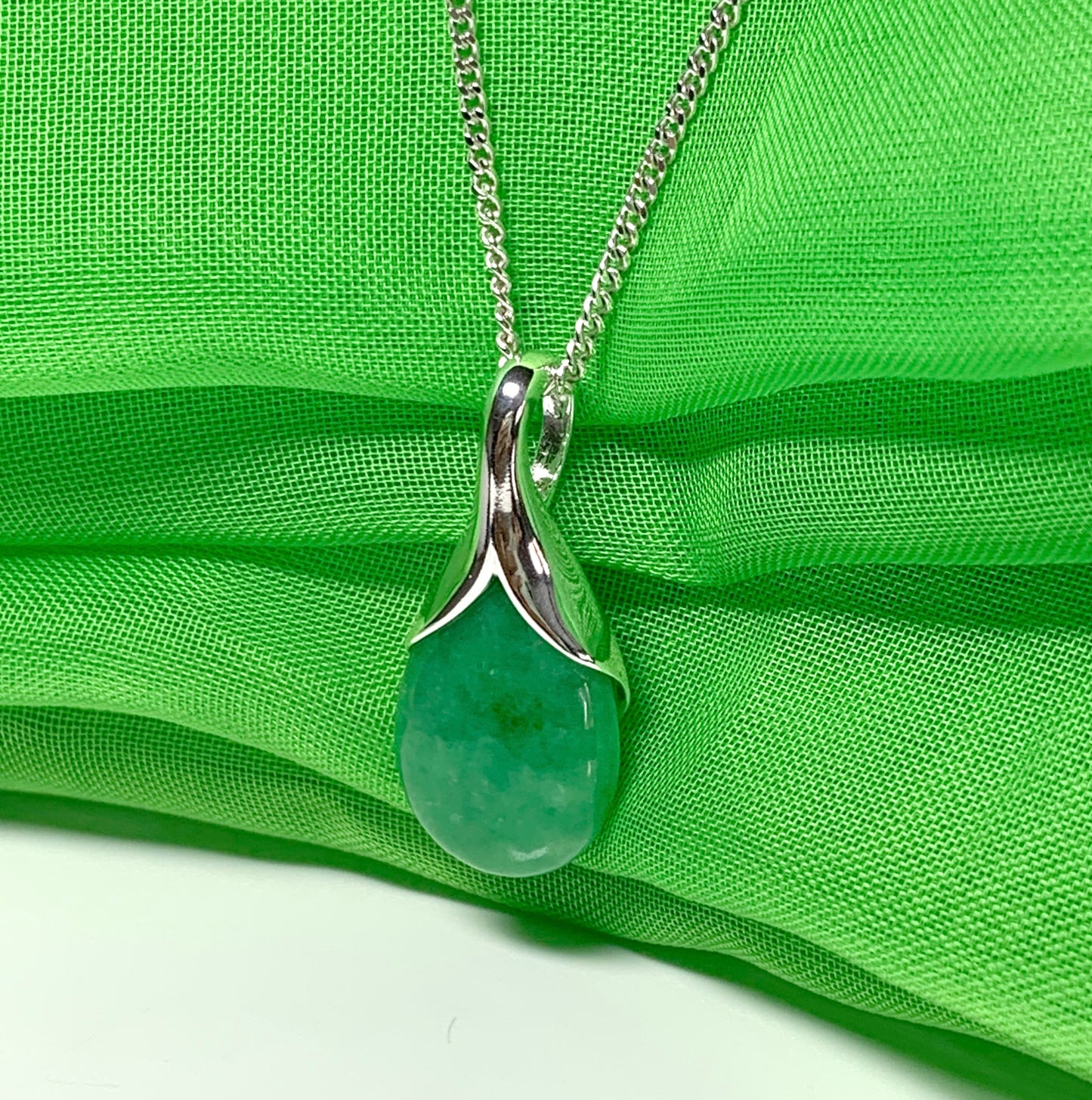 Real green jade necklace tear drop sterling silver pear shape pendant