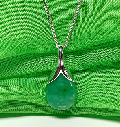 Real green jade necklace tear drop sterling silver pear shape pendant