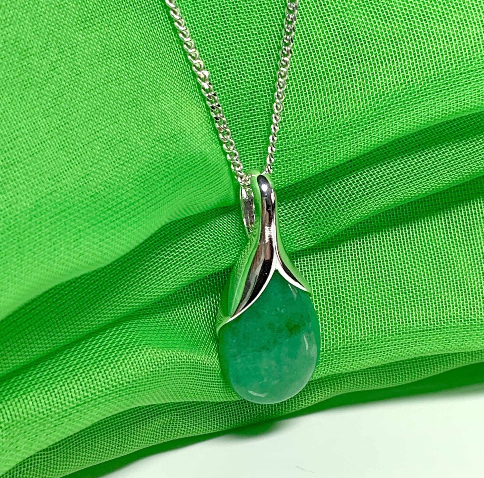 Real green jade necklace tear drop sterling silver pear shape pendant