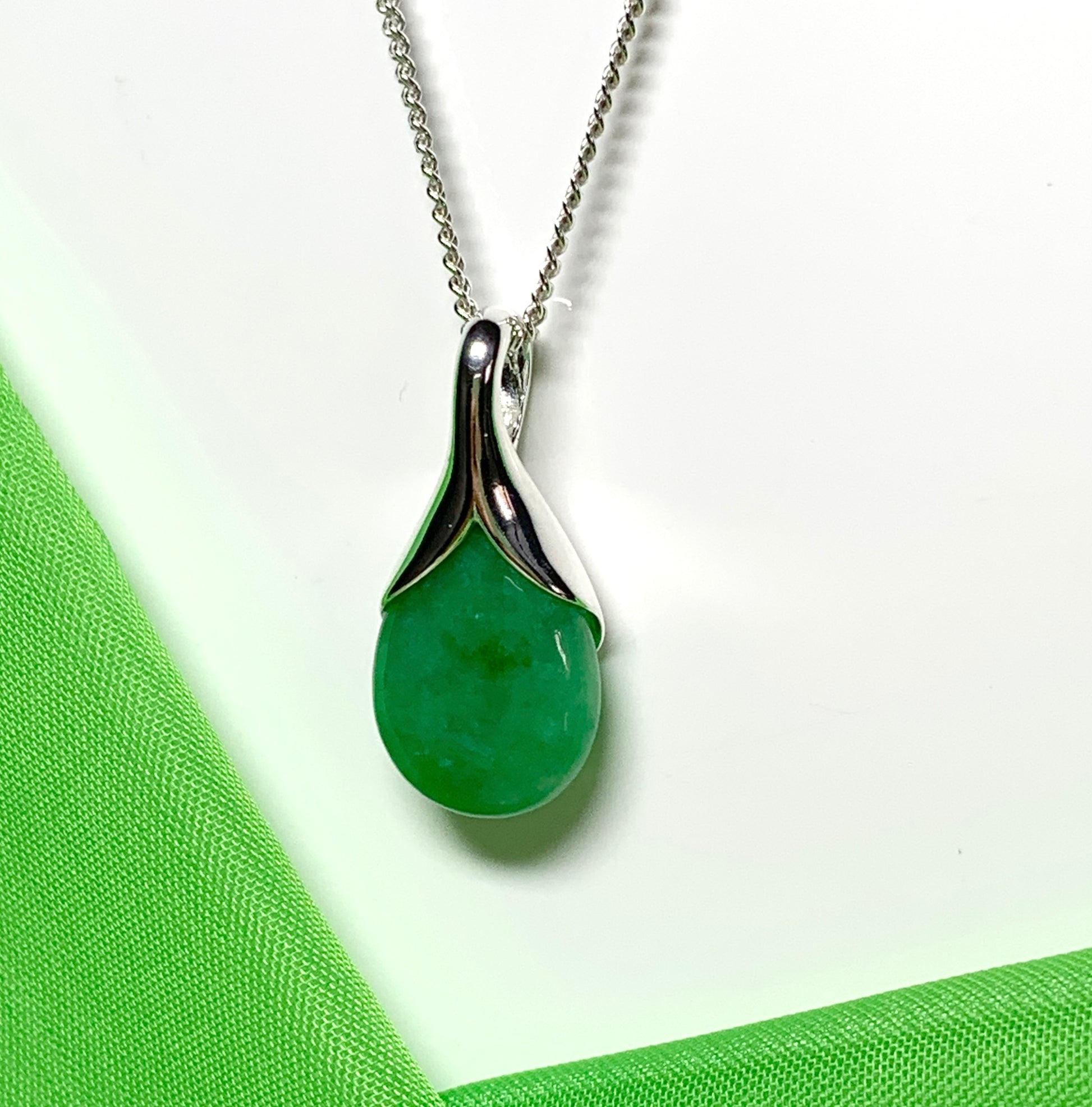 Real green jade necklace tear drop sterling silver pear shape pendant