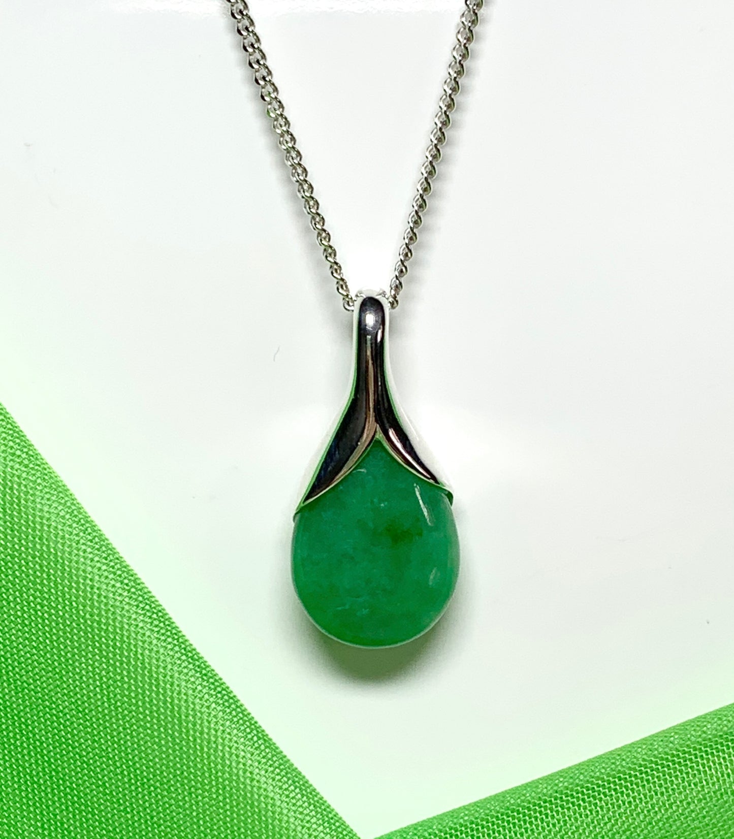 Real green jade necklace tear drop sterling silver pear shape pendant