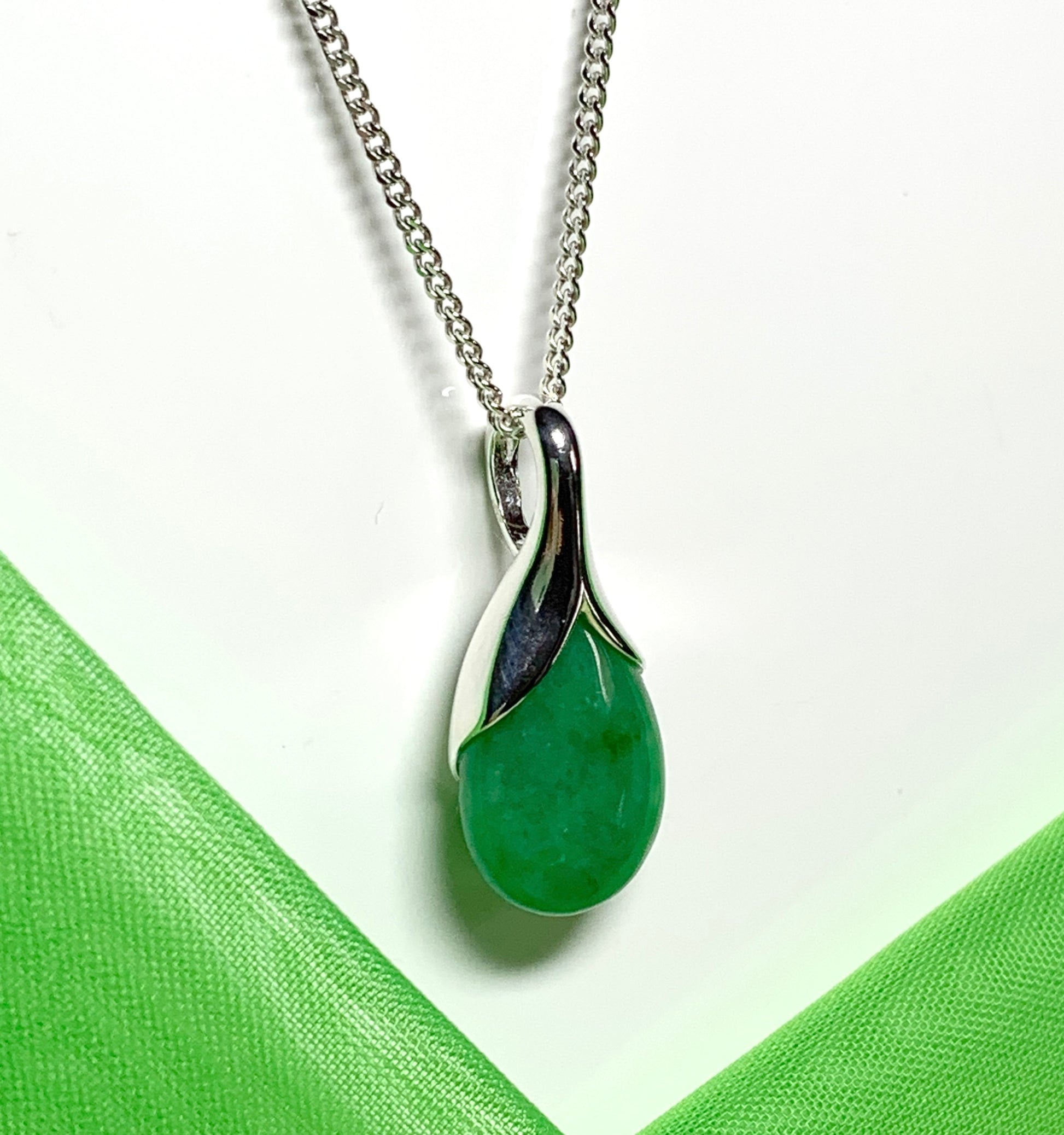 Real green jade necklace tear drop sterling silver pear shape pendant