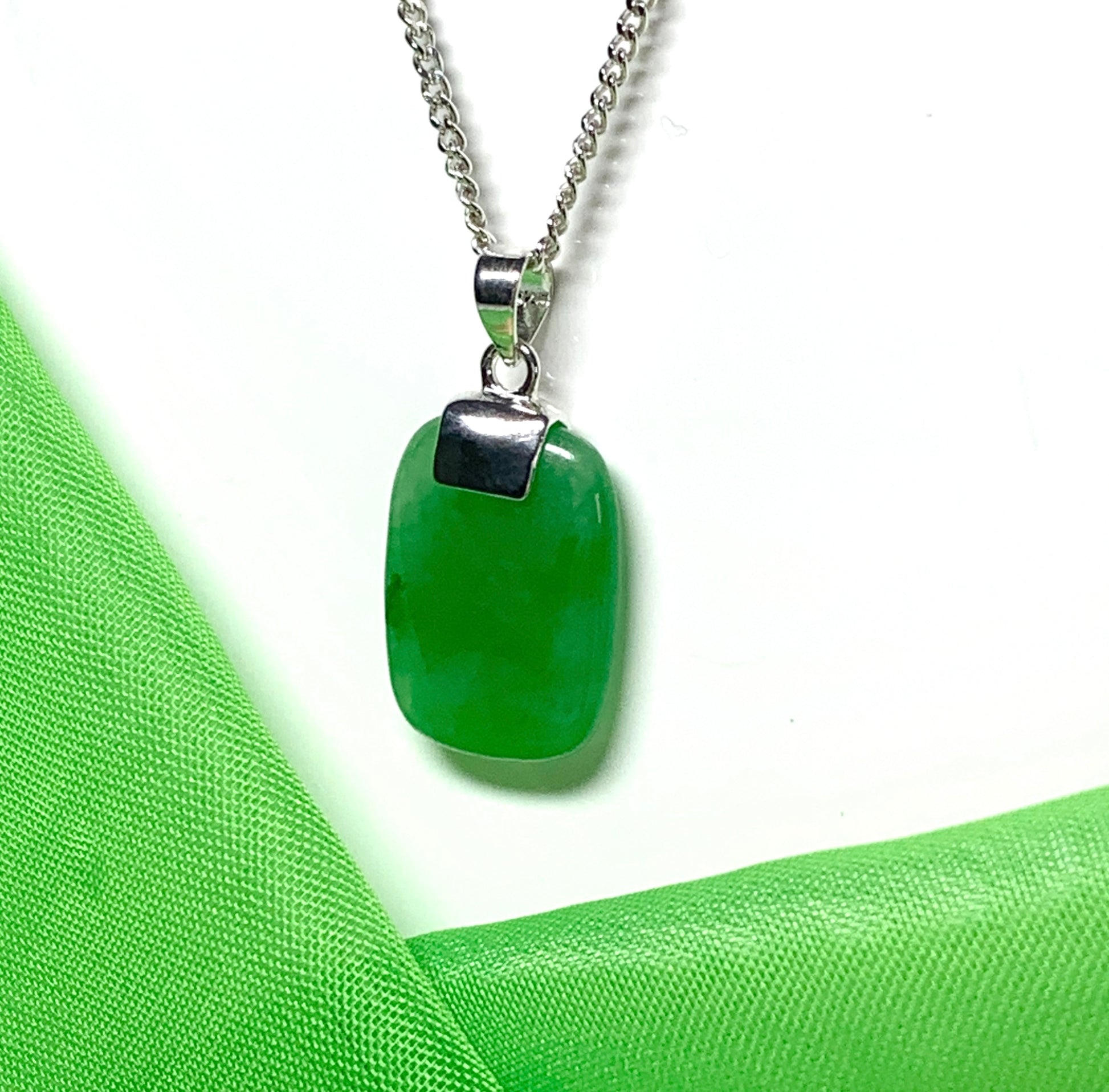 Real green jade necklace cushion shaped stone sterling silver including chain