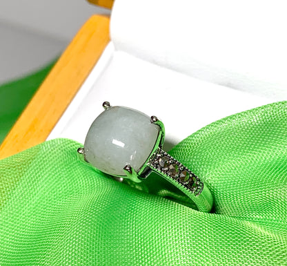 Square real green jade ring marcasite cushion shaped sterling silver