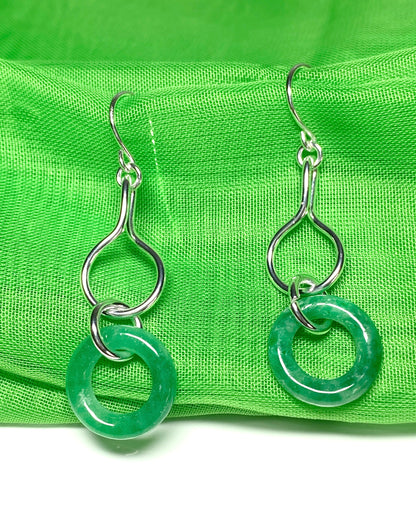 Real green jade sterling silver round drop earrings