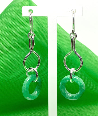 Real green jade sterling silver round drop earrings