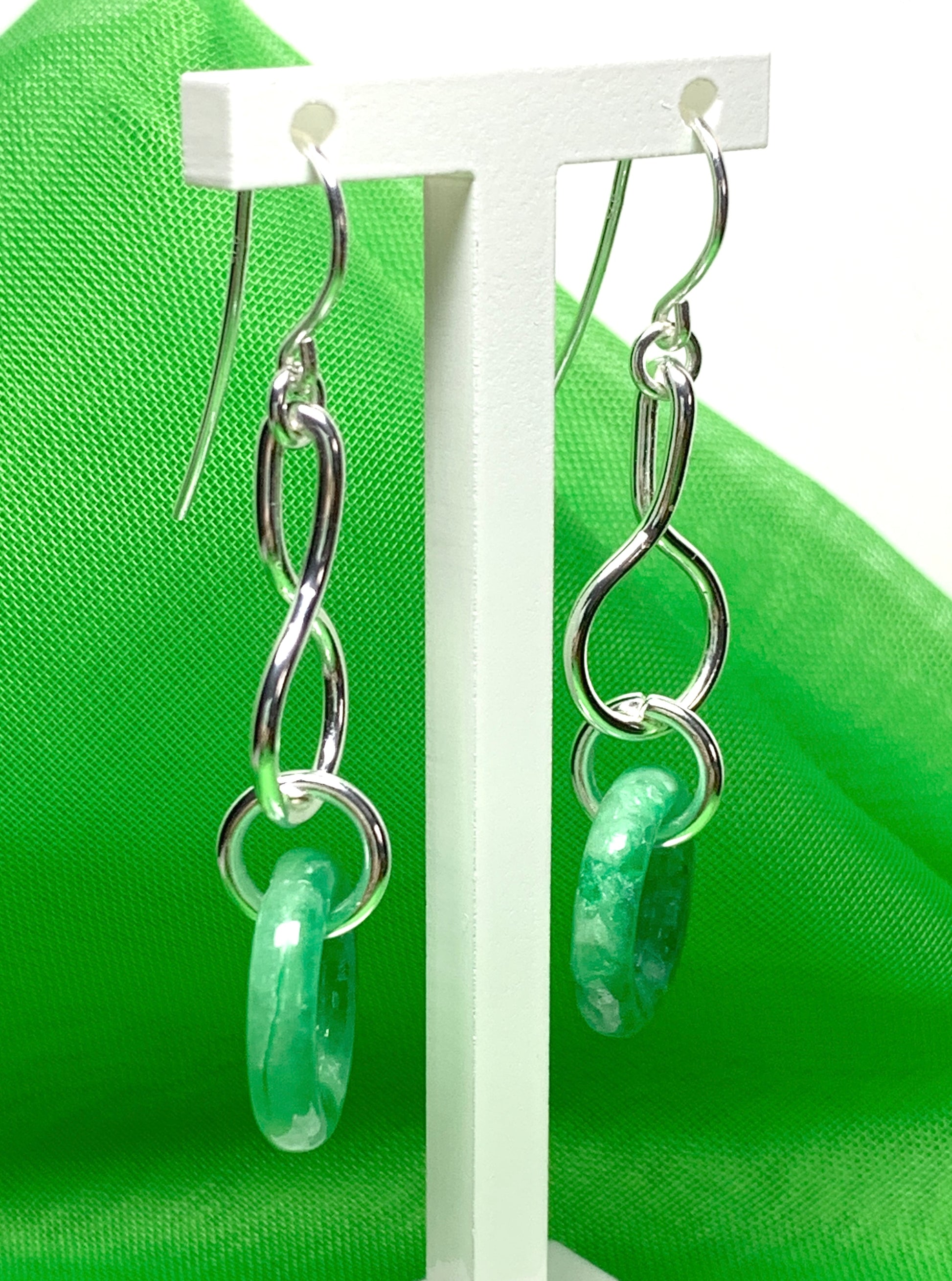 Real green jade sterling silver round drop earrings