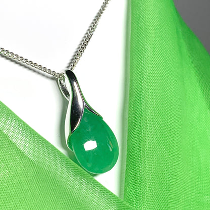 Real green jade necklace tear drop shaped pendant sterling silver