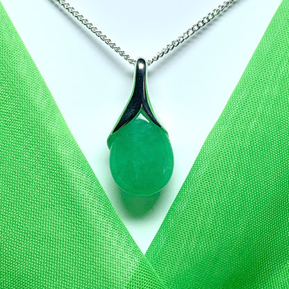 Real green jade necklace tear drop shaped pendant sterling silver