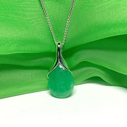 Real green jade necklace tear drop shaped pendant sterling silver