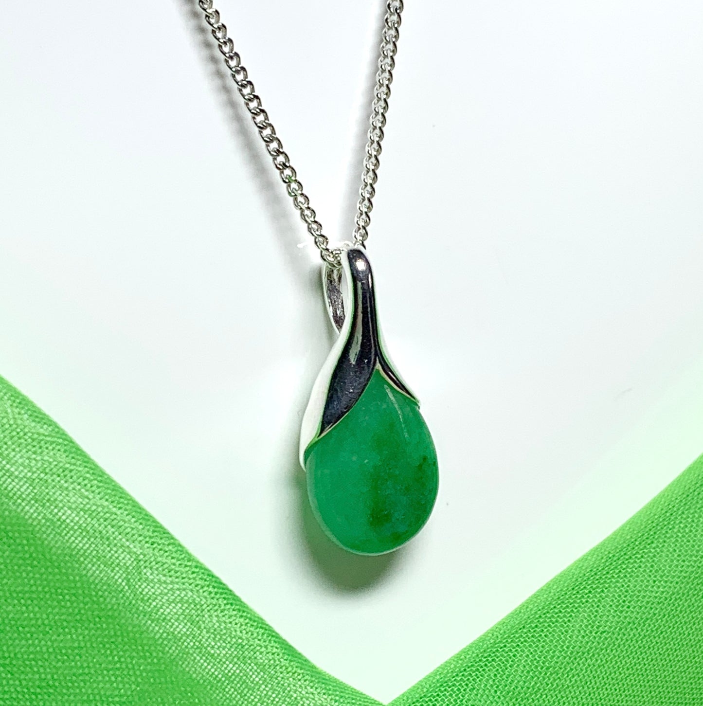 Real green jade tear drop sterling silver pear or teardrop shape pendant