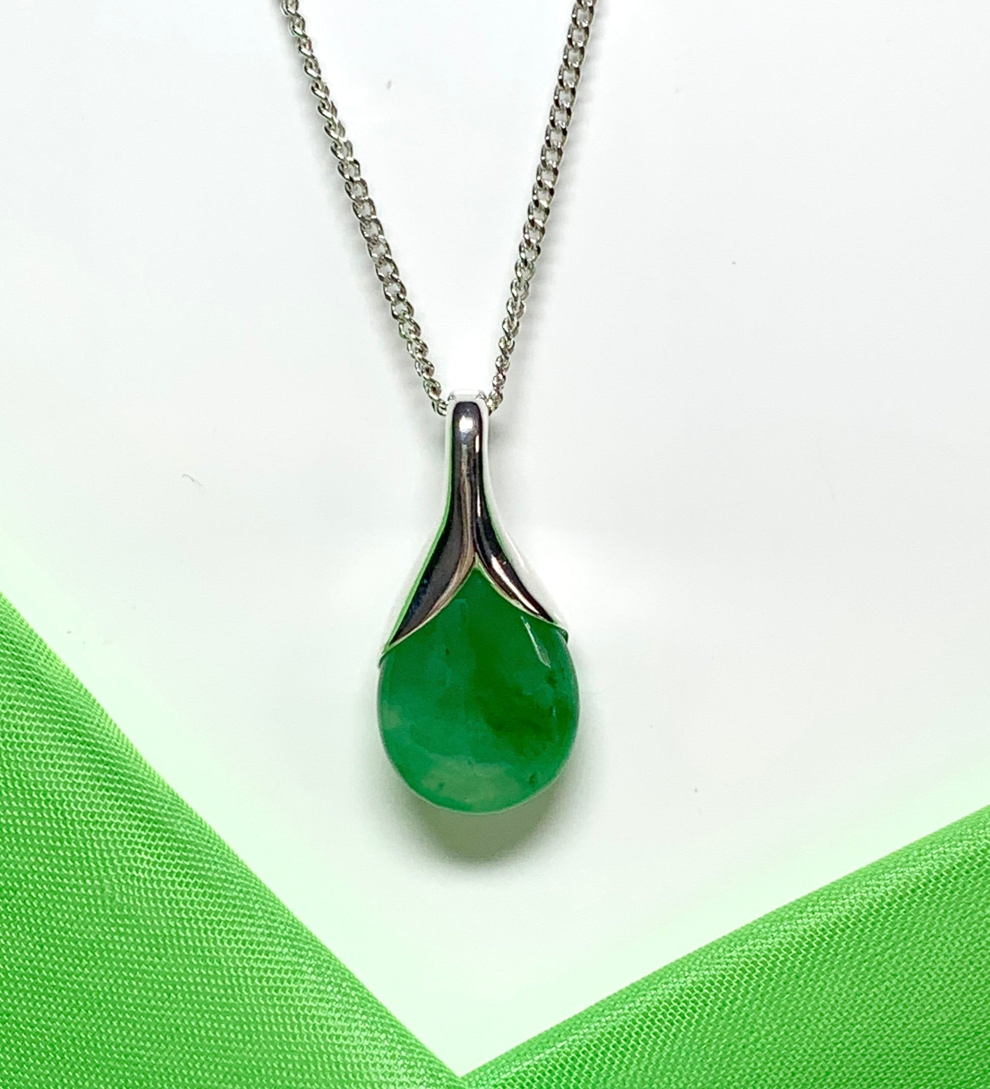 Real green jade tear drop sterling silver pear or teardrop shape pendant