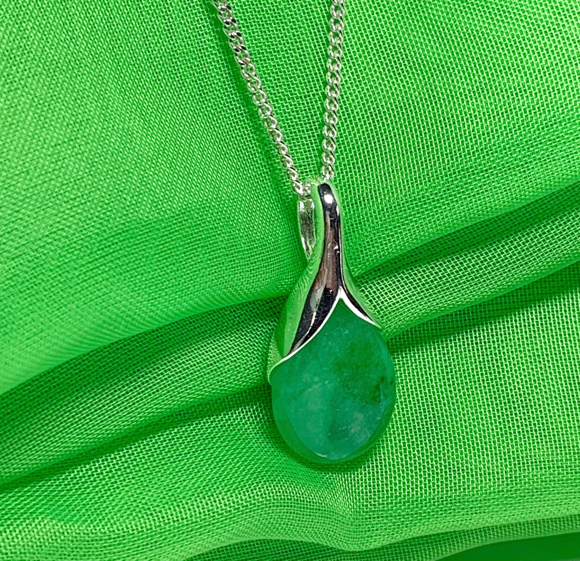 Real green jade tear drop sterling silver pear or teardrop shape pendant