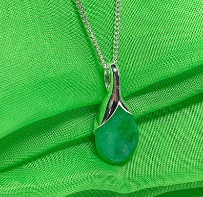 Real green jade tear drop sterling silver pear or teardrop shape pendant