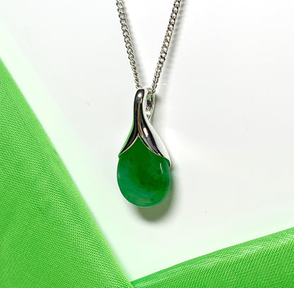 Real green jade tear drop sterling silver pear or teardrop shape pendant