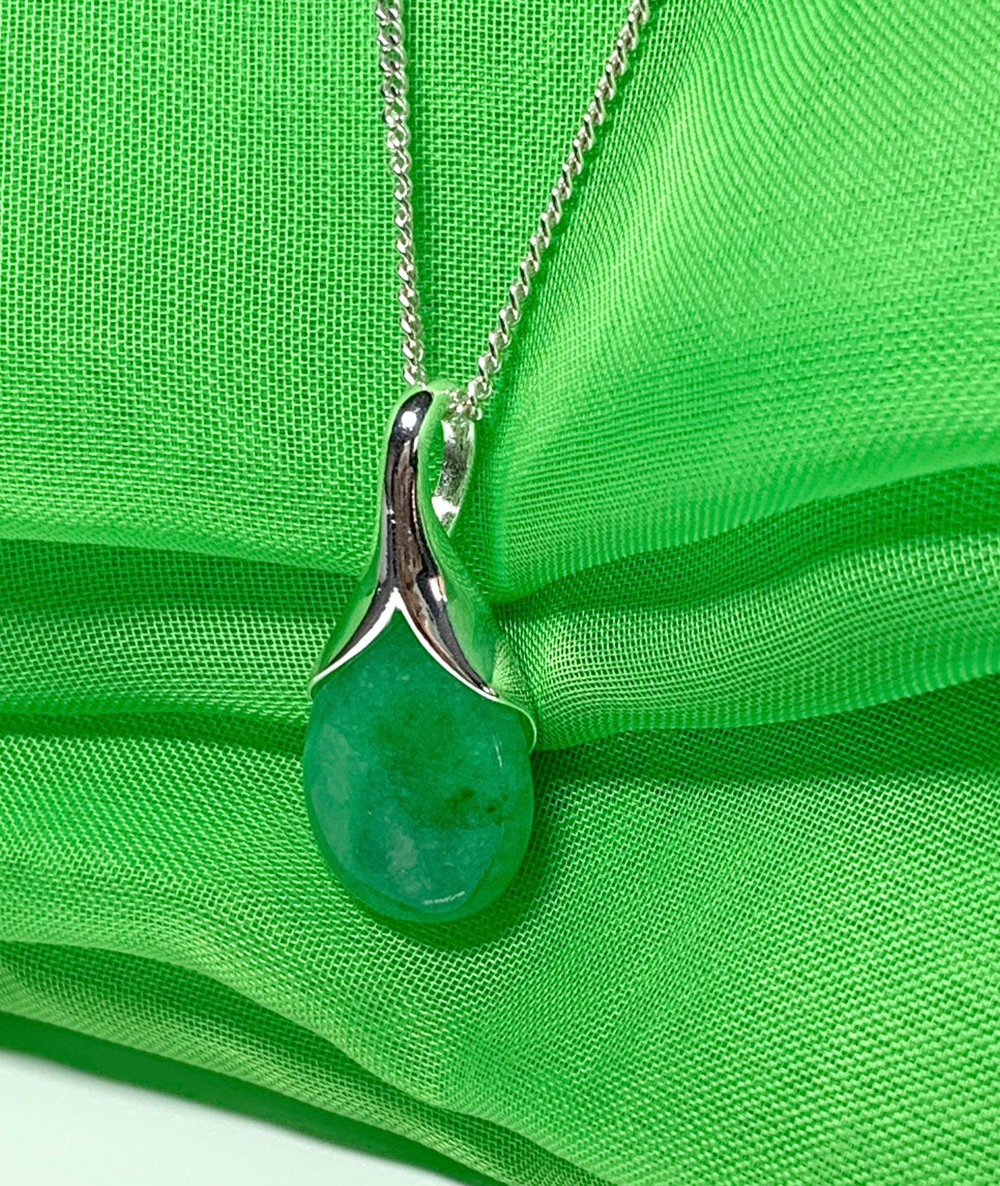 Real green jade tear drop sterling silver pear or teardrop shape pendant