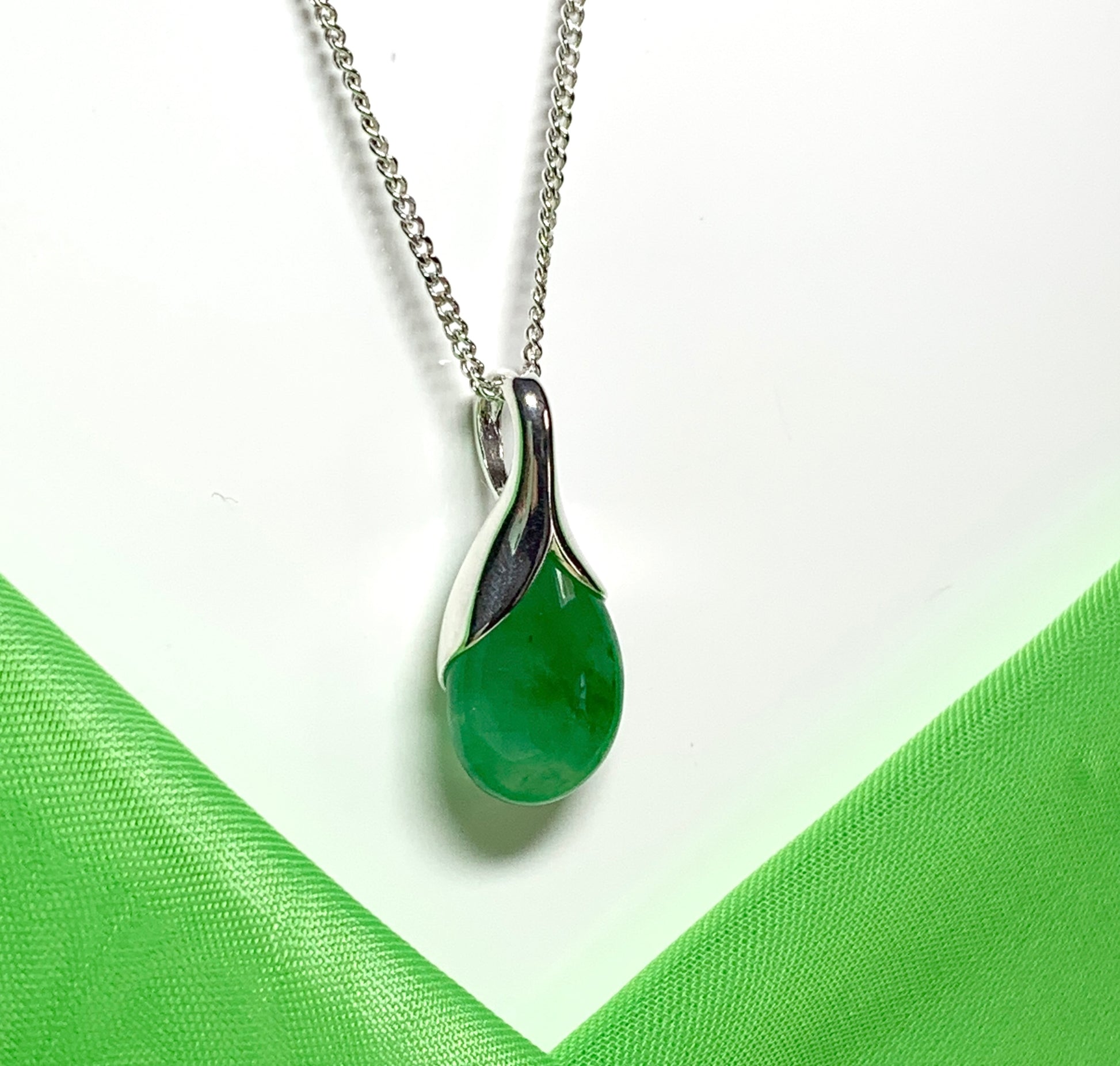 Real green jade tear drop sterling silver pear or teardrop shape pendant