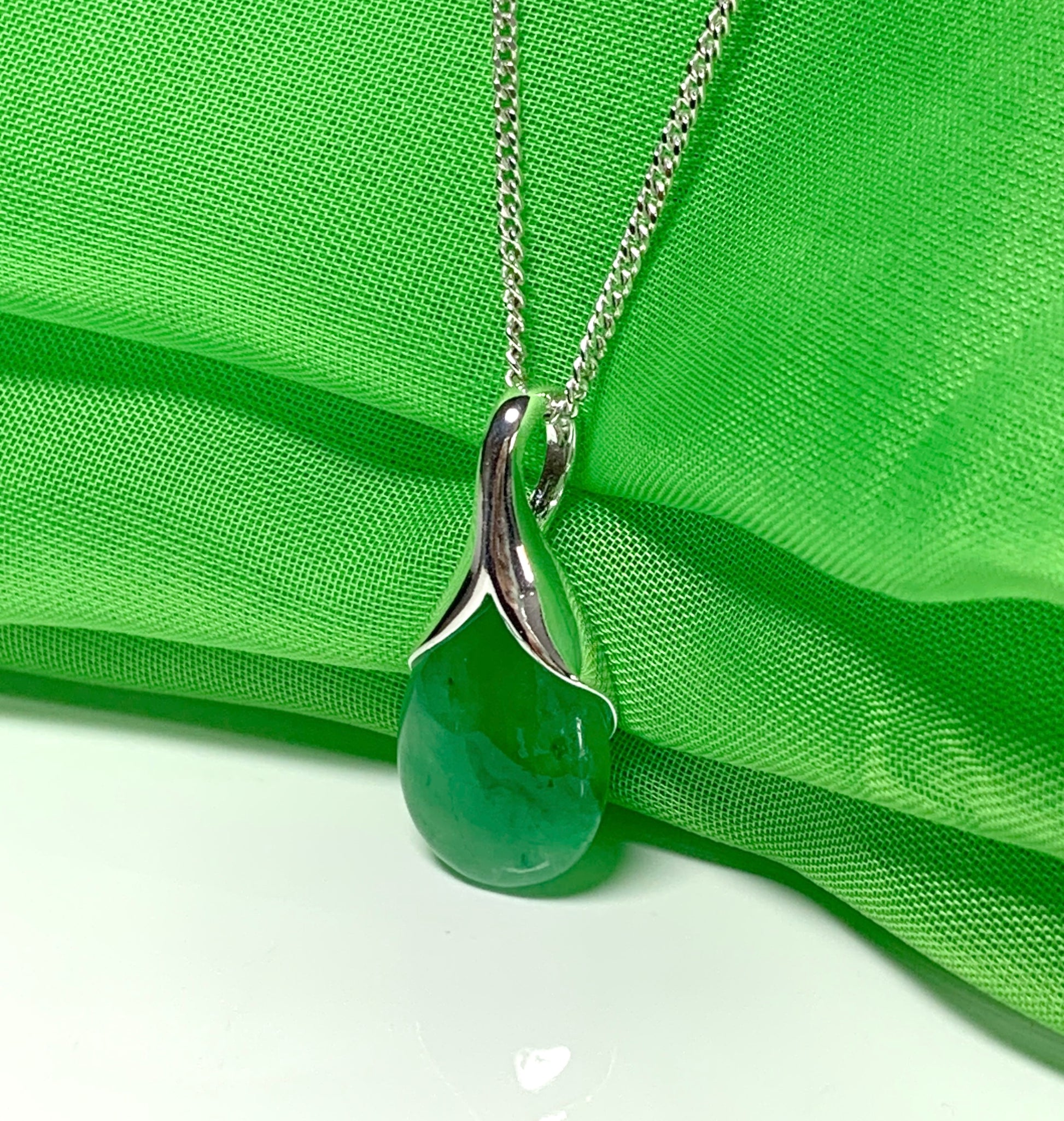 Real green jade tear drop sterling silver pear or teardrop shape pendant