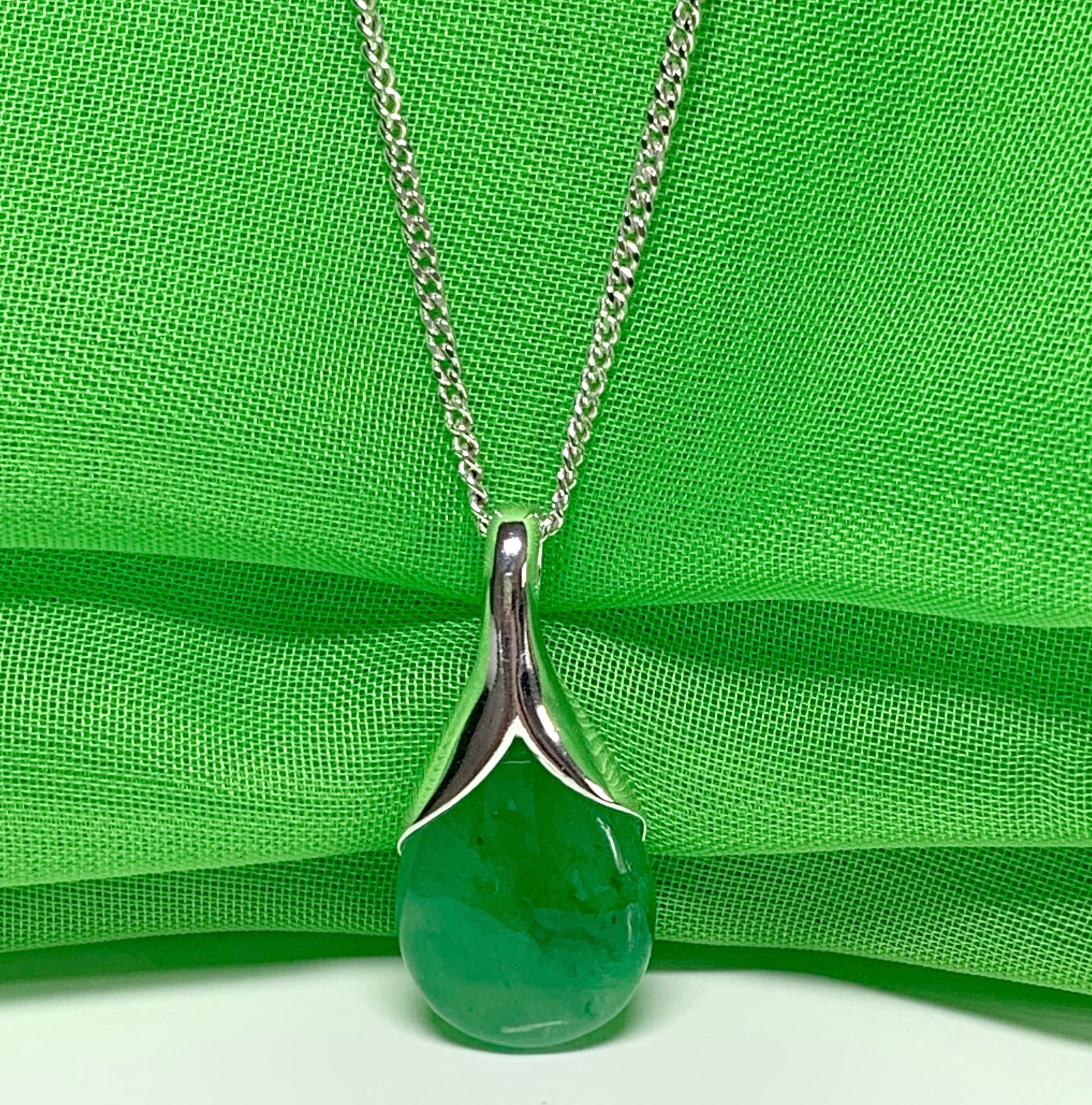 Real green jade tear drop sterling silver pear or teardrop shape pendant