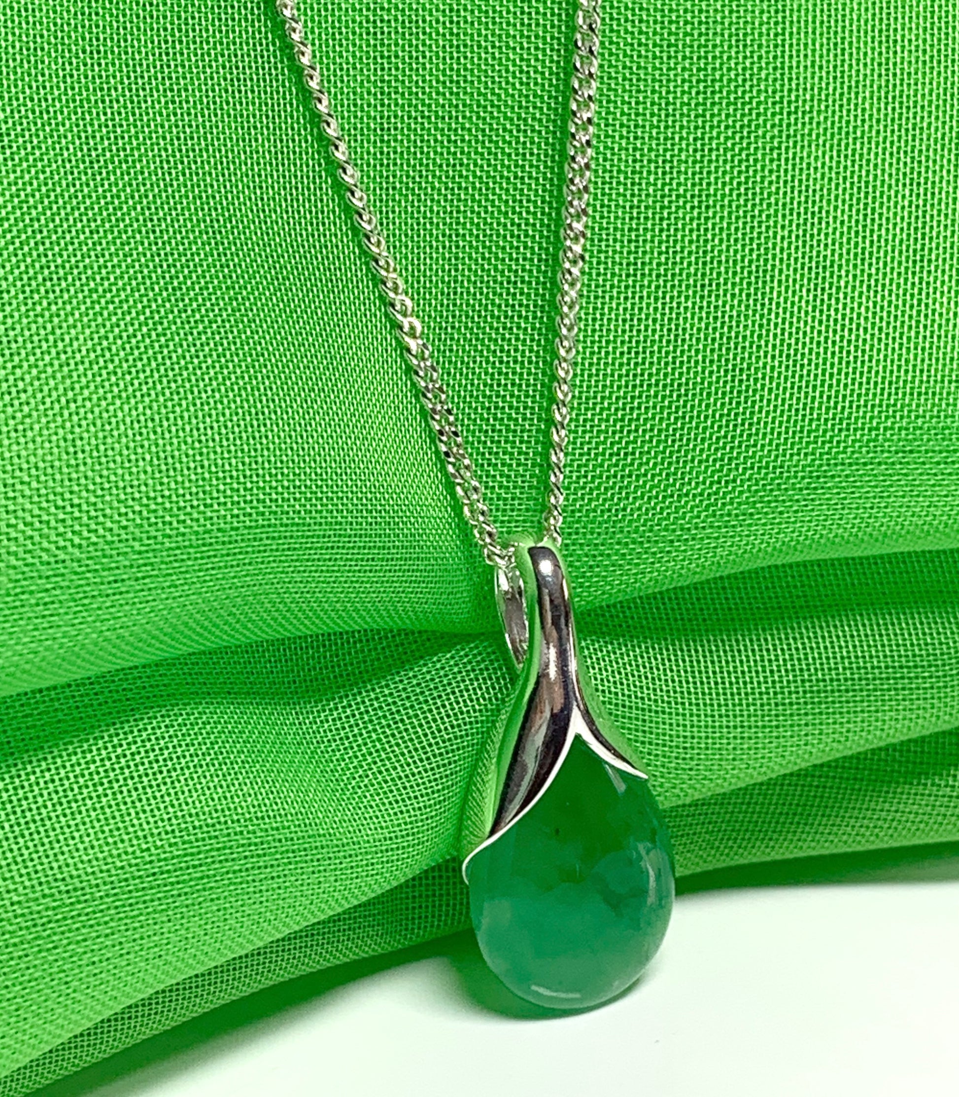 Real green jade tear drop sterling silver pear or teardrop shape pendant