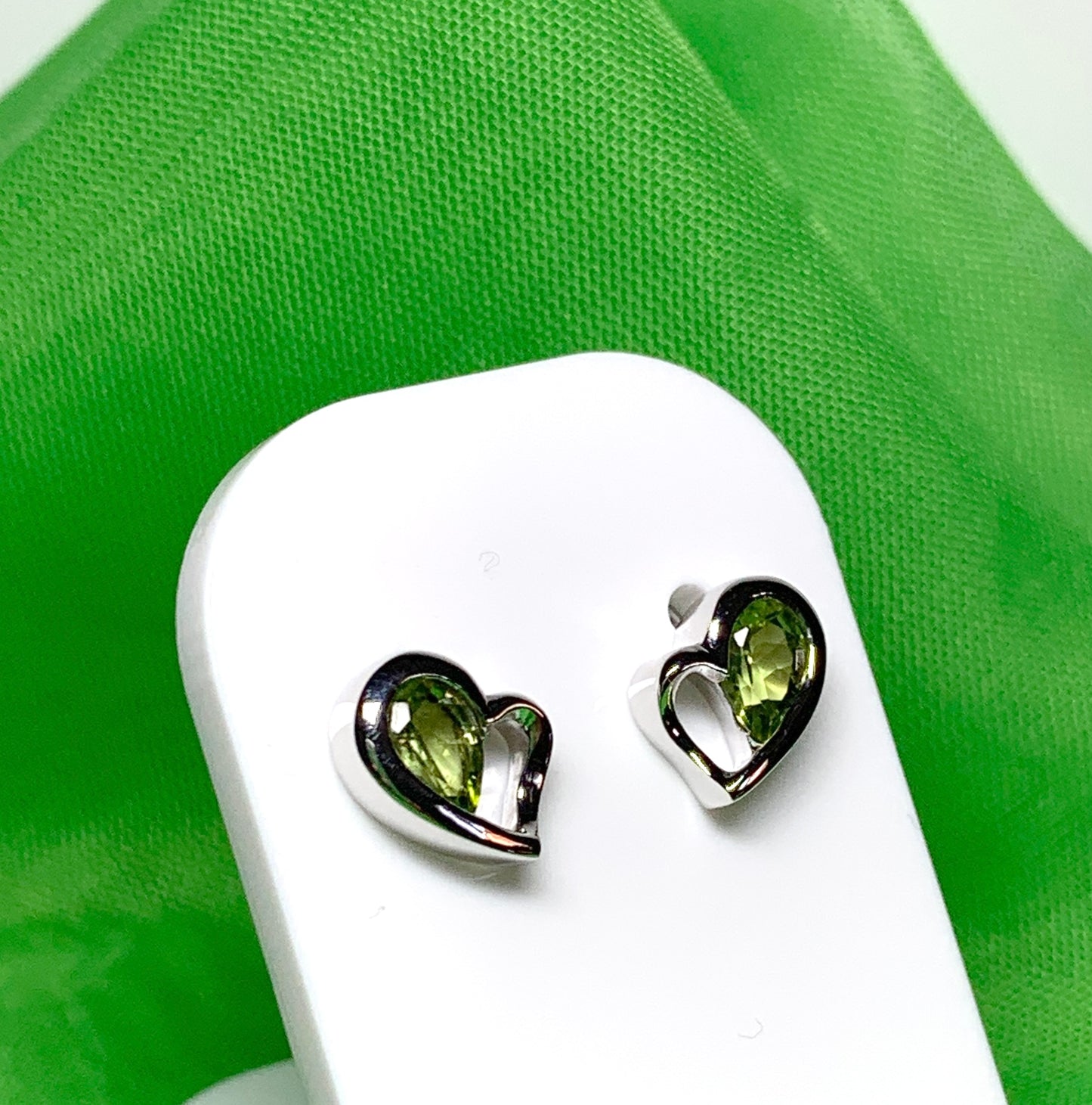 Real green peridot heart shaped stud earrings sterling silver