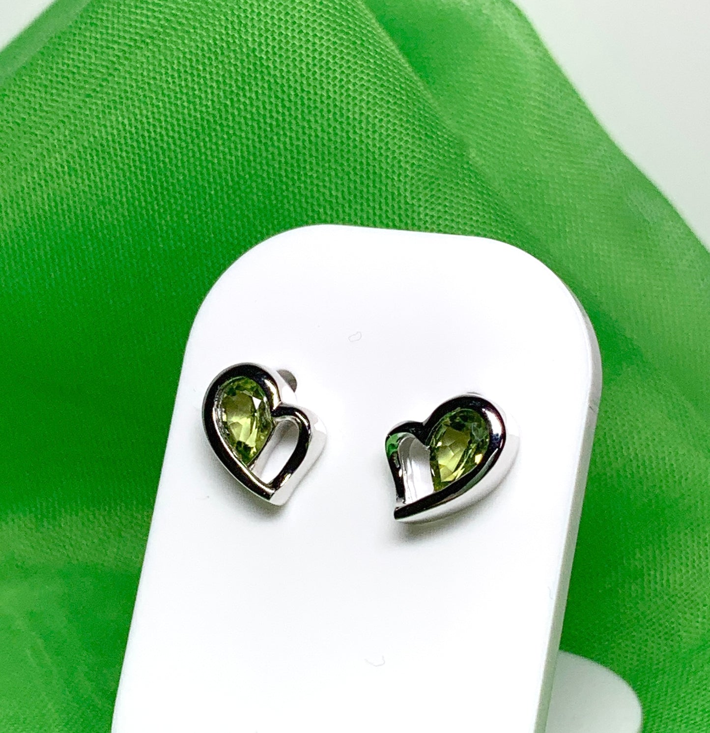 Real green peridot heart shaped stud earrings sterling silver