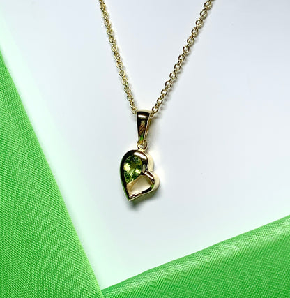 Real green peridot heart shape necklace pendant sterling silver gilt gold plated