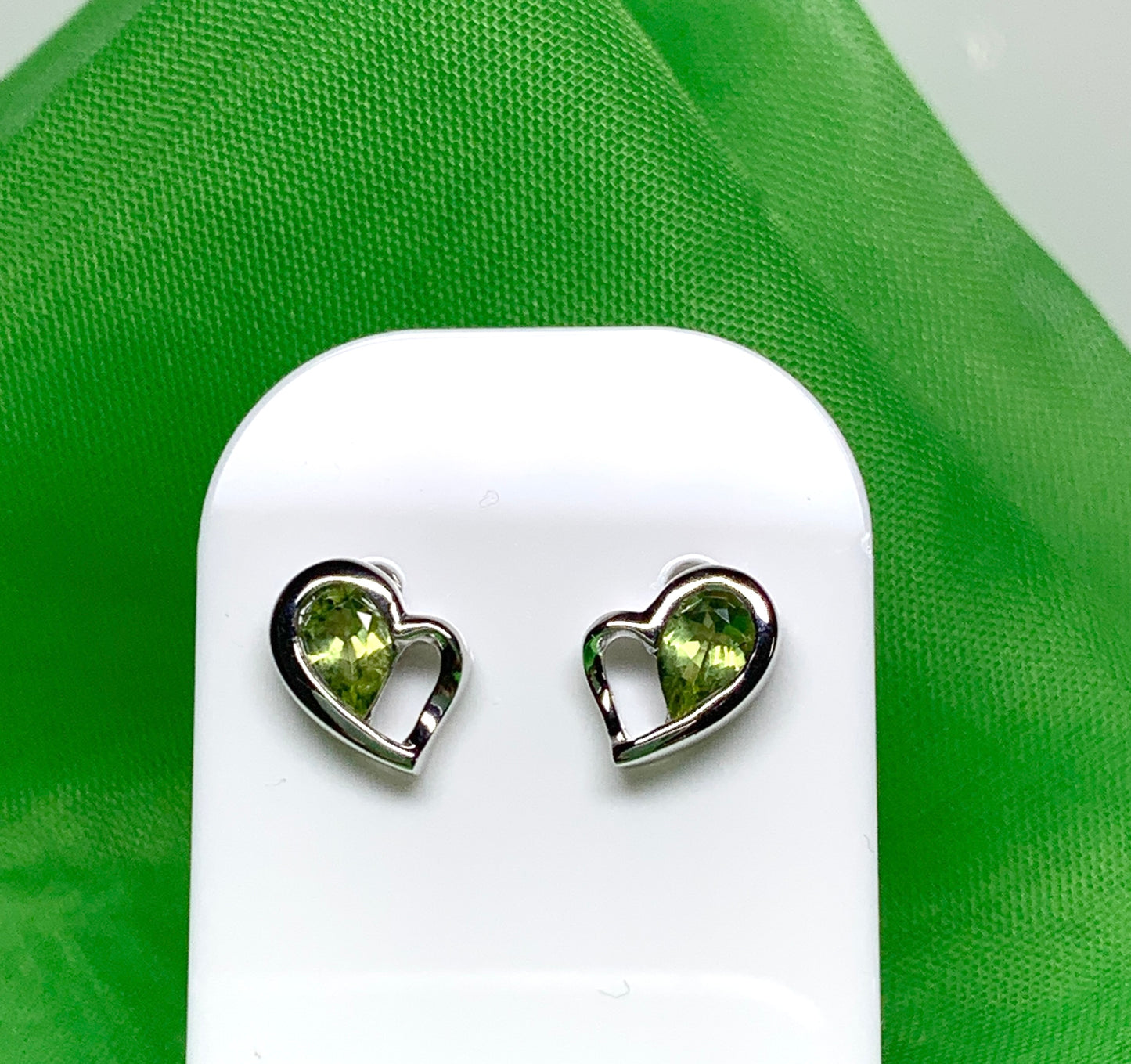 Real green peridot heart shaped stud earrings sterling silver