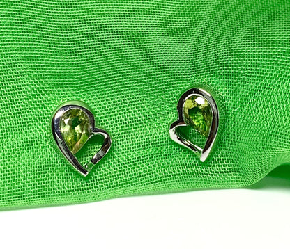 Real green peridot heart shaped stud earrings sterling silver