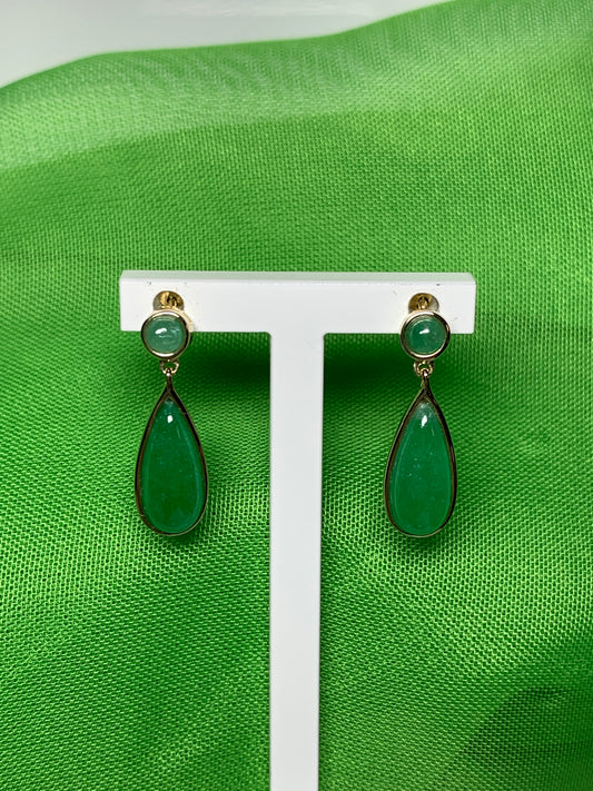Real jade earrings drop double round and teardrop yellow gold