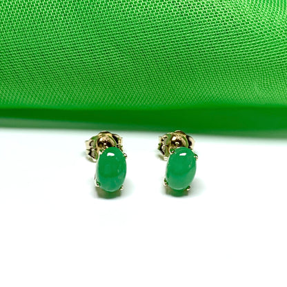 Real jade yellow gold stud earrings oval green