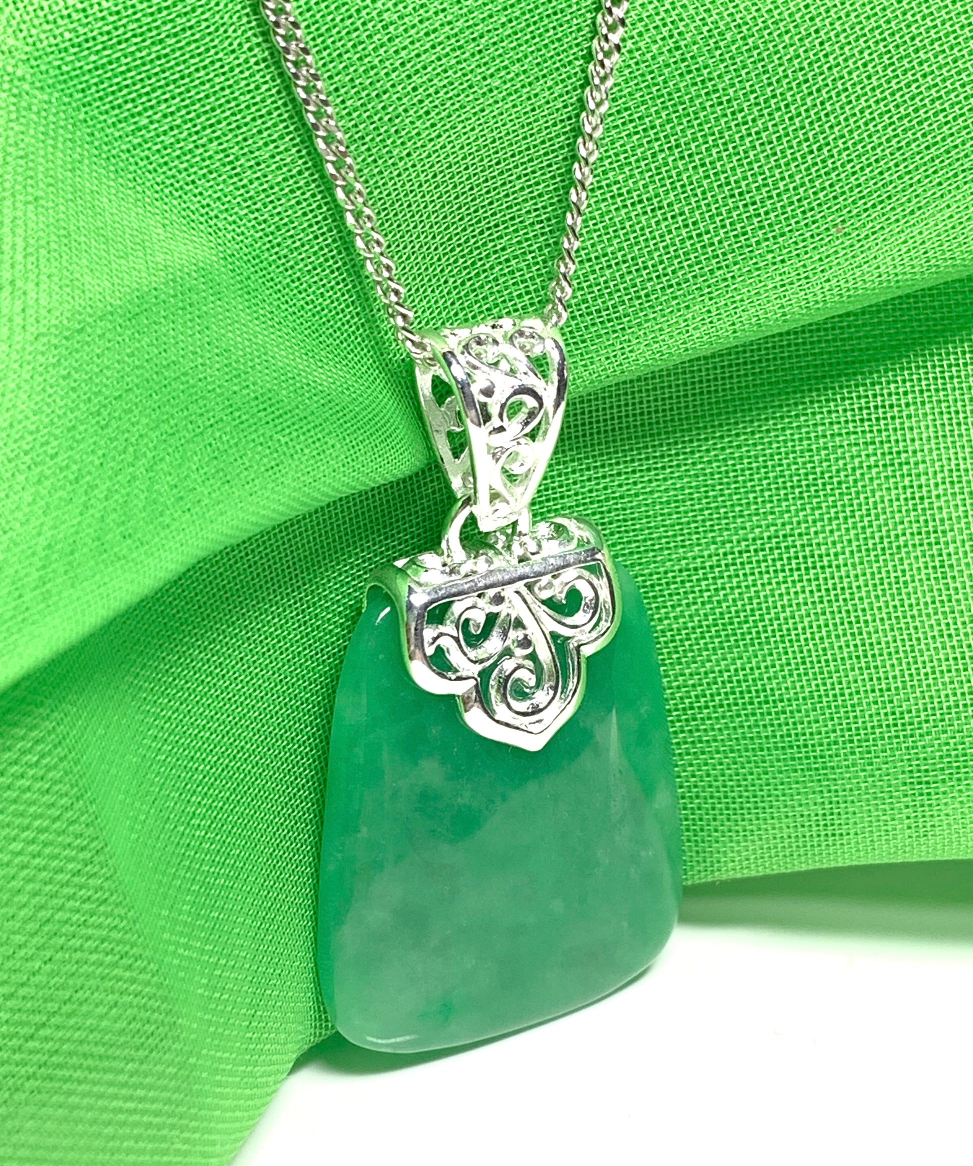Real jade necklace dark green sterling silver cushion shaped