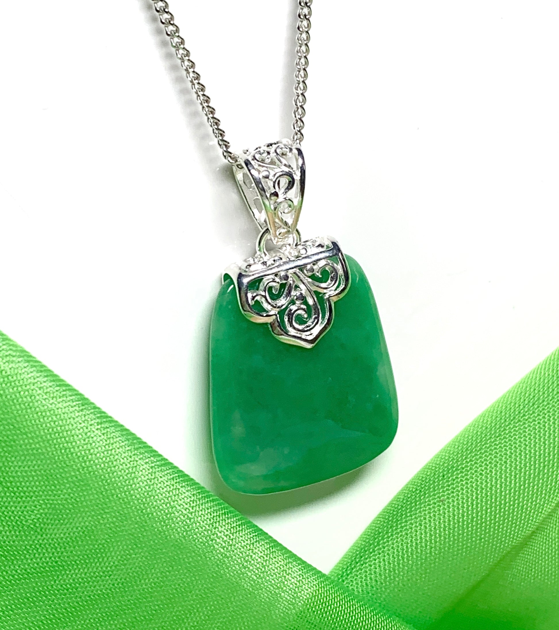 Real jade necklace dark green sterling silver cushion shaped