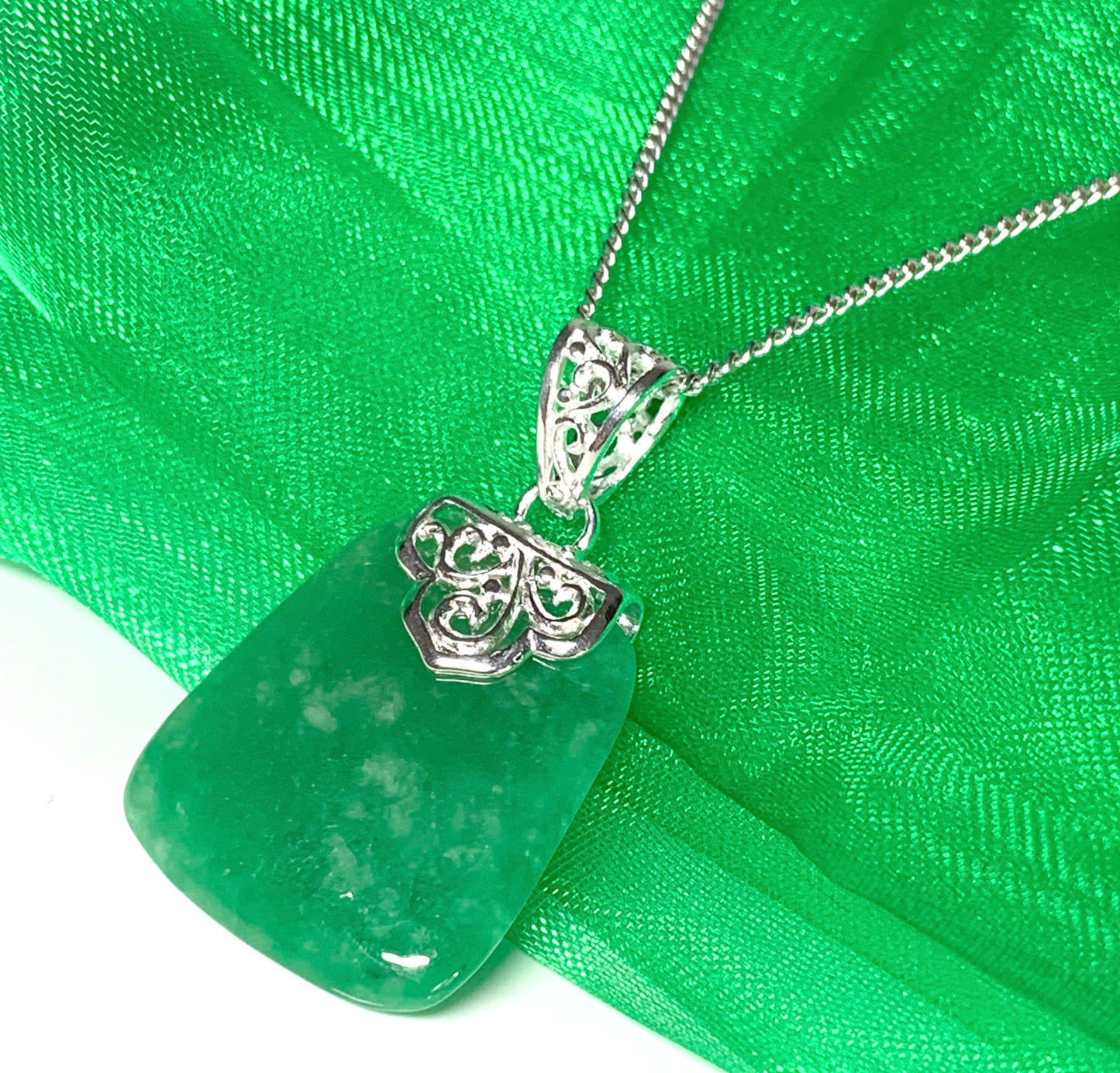 Real jade necklace green sterling silver large cushion shaped