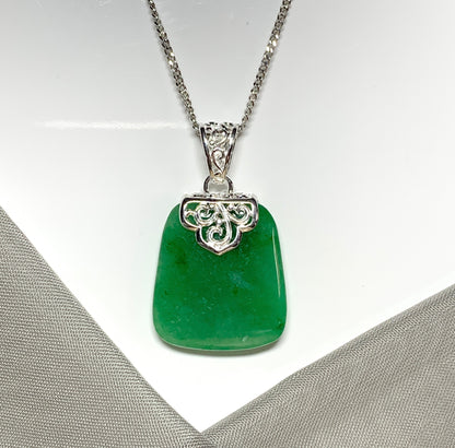 Real jade necklace green sterling silver large cushion shaped