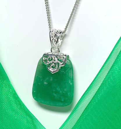 Real jade necklace green sterling silver large cushion shaped