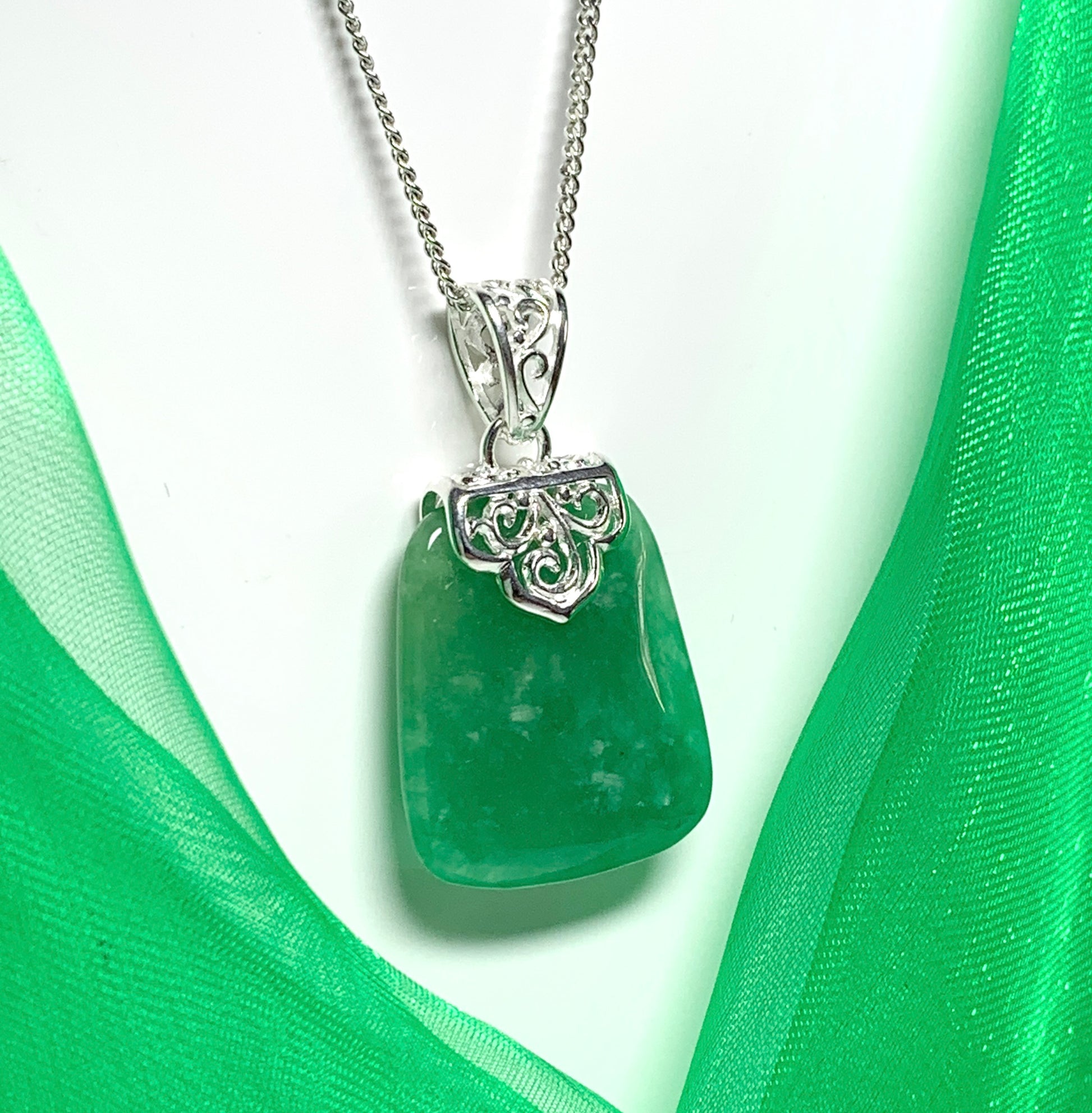 Real jade necklace green sterling silver large cushion shaped